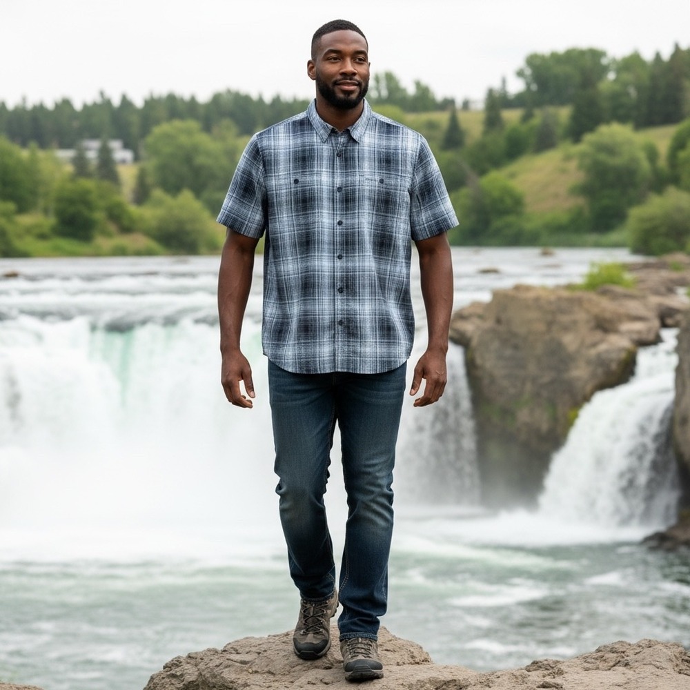 Orvis Classic Collection Mens Blue Grey Plaid Short Sleeve Button Down Shirt L